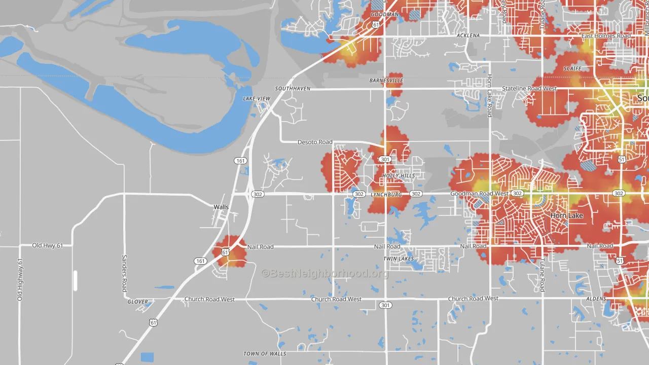 Walk Grade map of Walls, MS, walkable areas in green and car-dependent areas in red
