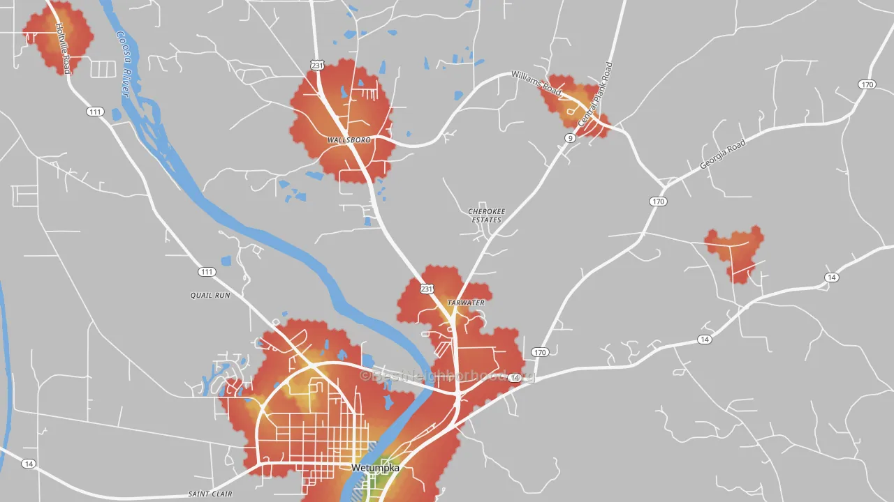 Walk Grade map of Wallsboro, AL, walkable areas in green and car-dependent areas in red