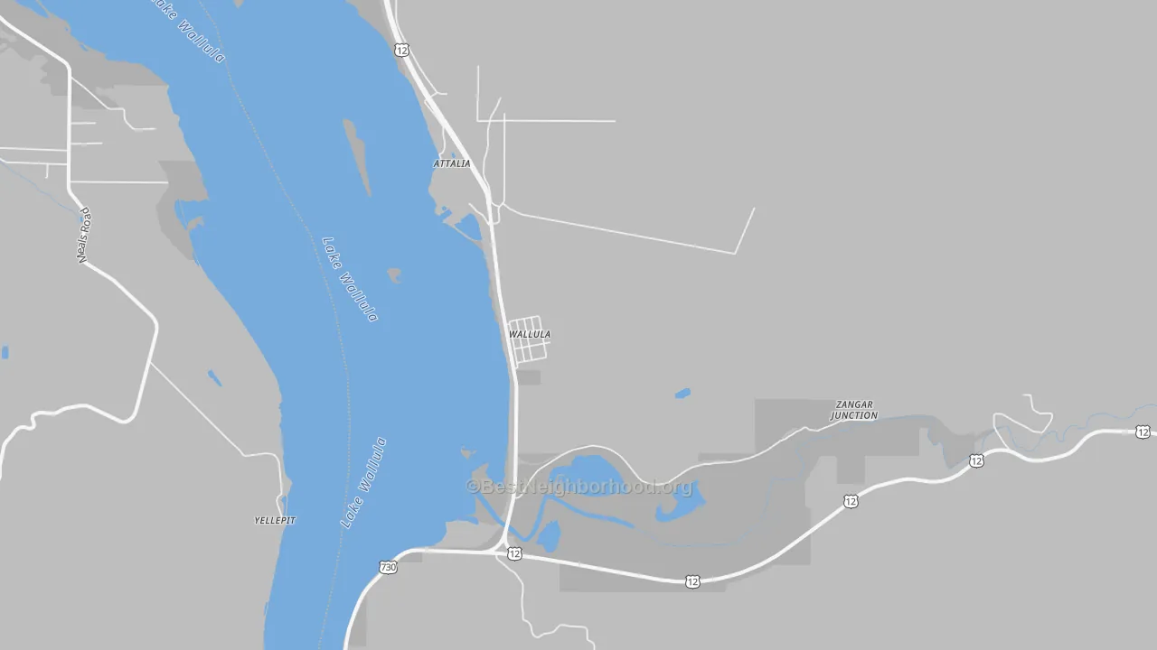 Walk Grade map of Wallula, WA, walkable areas in green and car-dependent areas in red