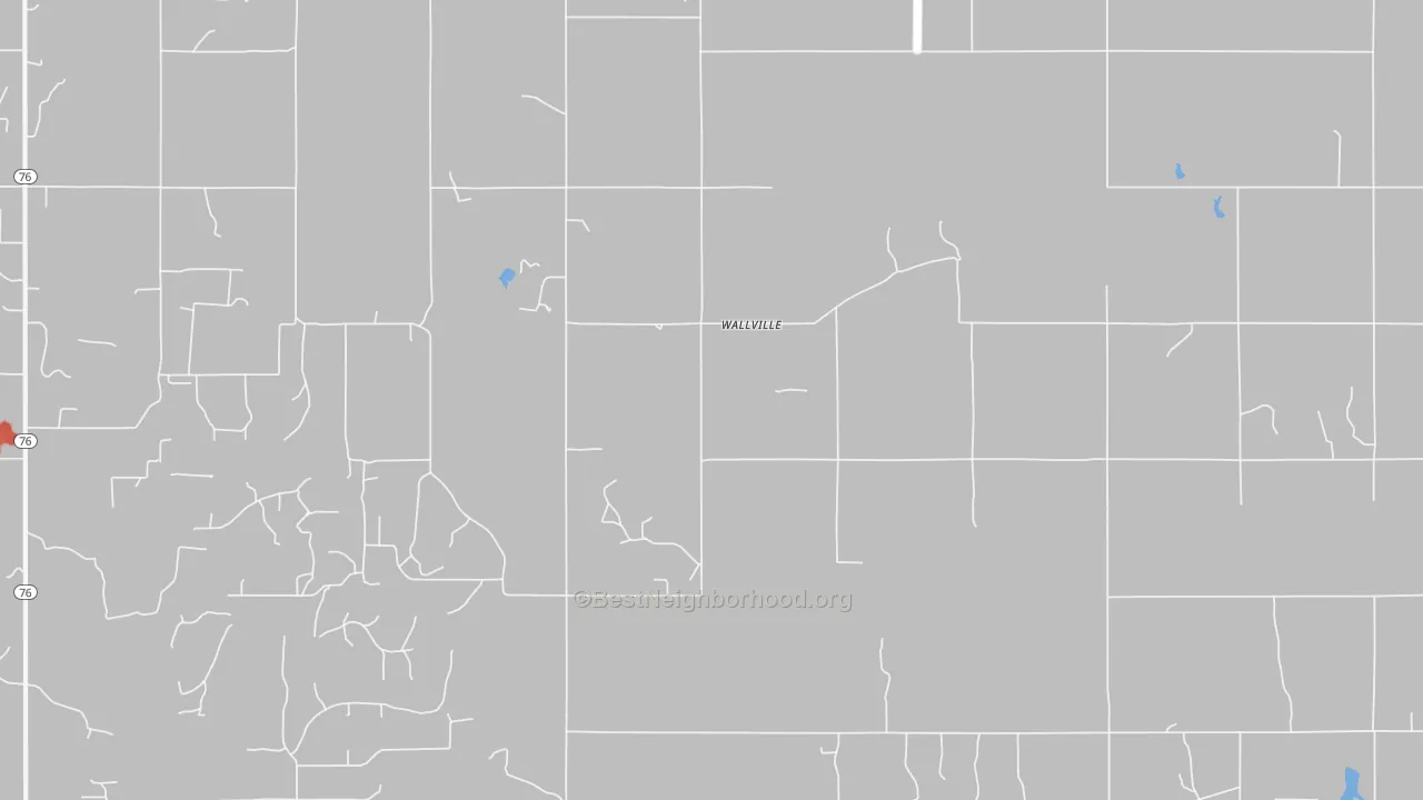 Walk Grade map of Wallville, OK, walkable areas in green and car-dependent areas in red