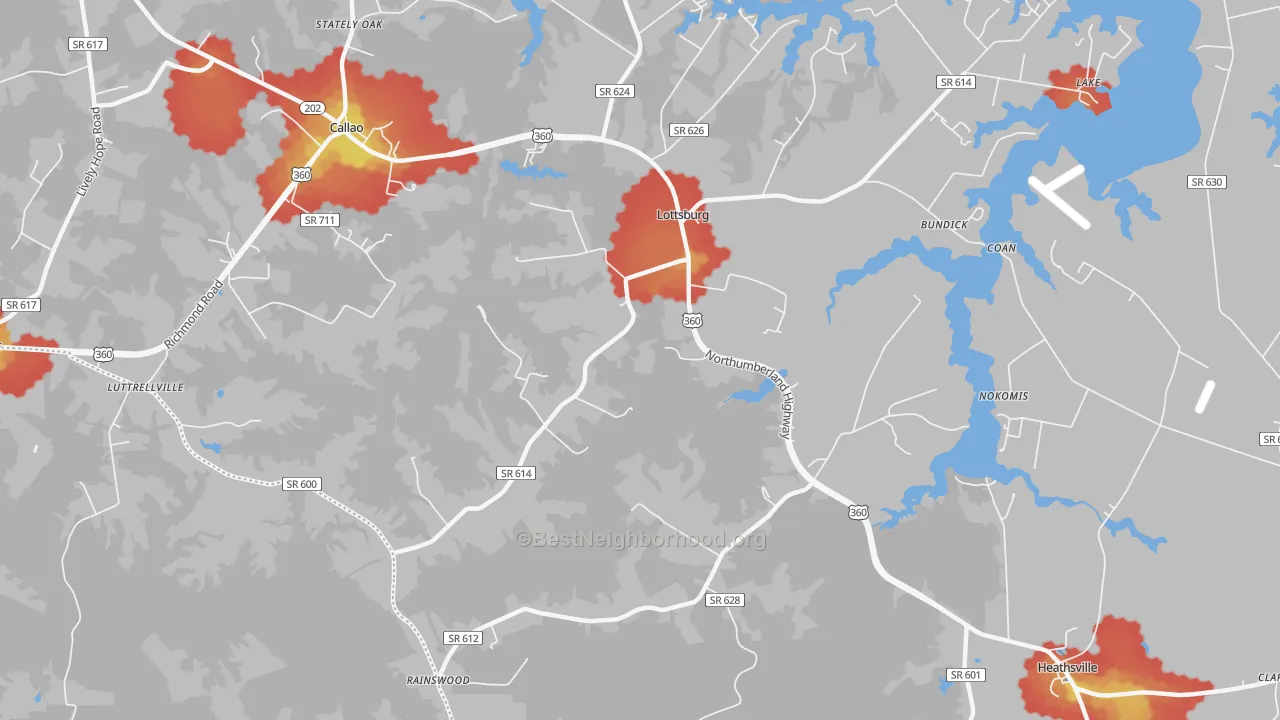 Walk Grade map of Walmsley, VA, walkable areas in green and car-dependent areas in red