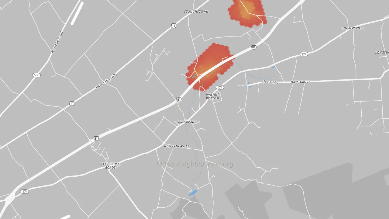 Walk Grade map of Walnut Bottom, PA, walkable areas in green and car-dependent areas in red