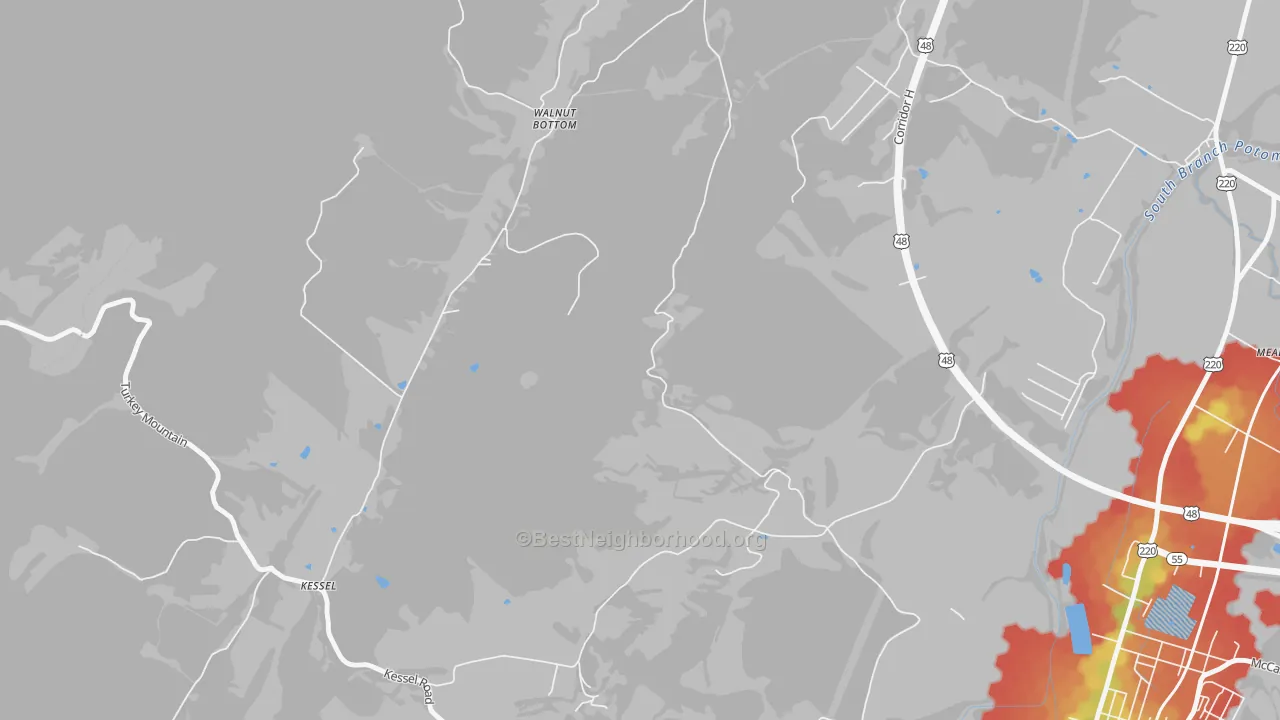 Walk Grade map of Walnut Bottom, WV, walkable areas in green and car-dependent areas in red