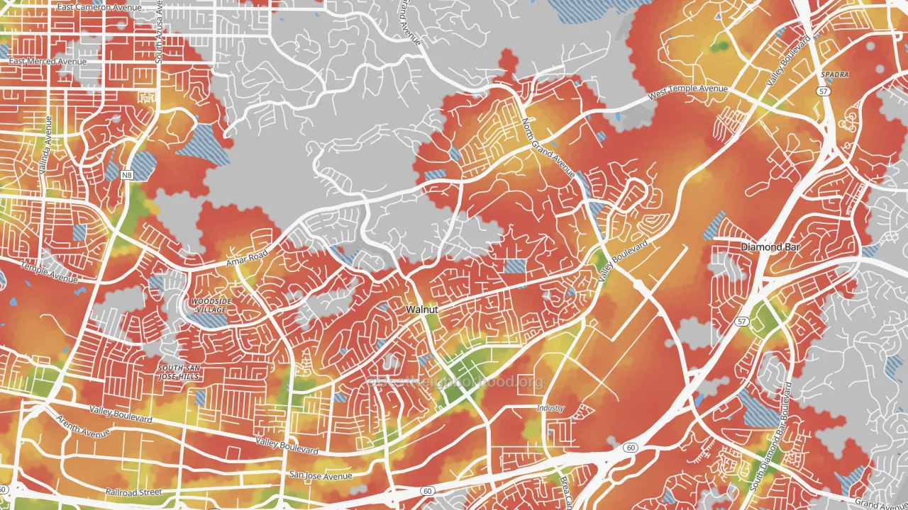 Walk Grade map of Walnut, CA, walkable areas in green and car-dependent areas in red