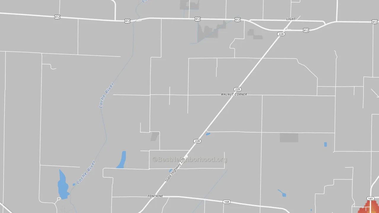 Walk Grade map of Walnut Corner, AR, walkable areas in green and car-dependent areas in red