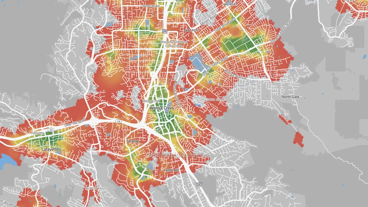 Walk Grade map of Walnut Creek, CA, walkable areas in green and car-dependent areas in red