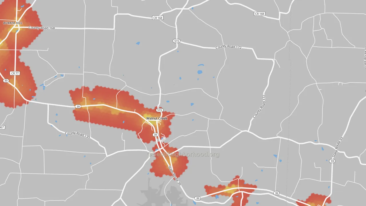 Walk Grade map of Walnut Creek, OH, walkable areas in green and car-dependent areas in red