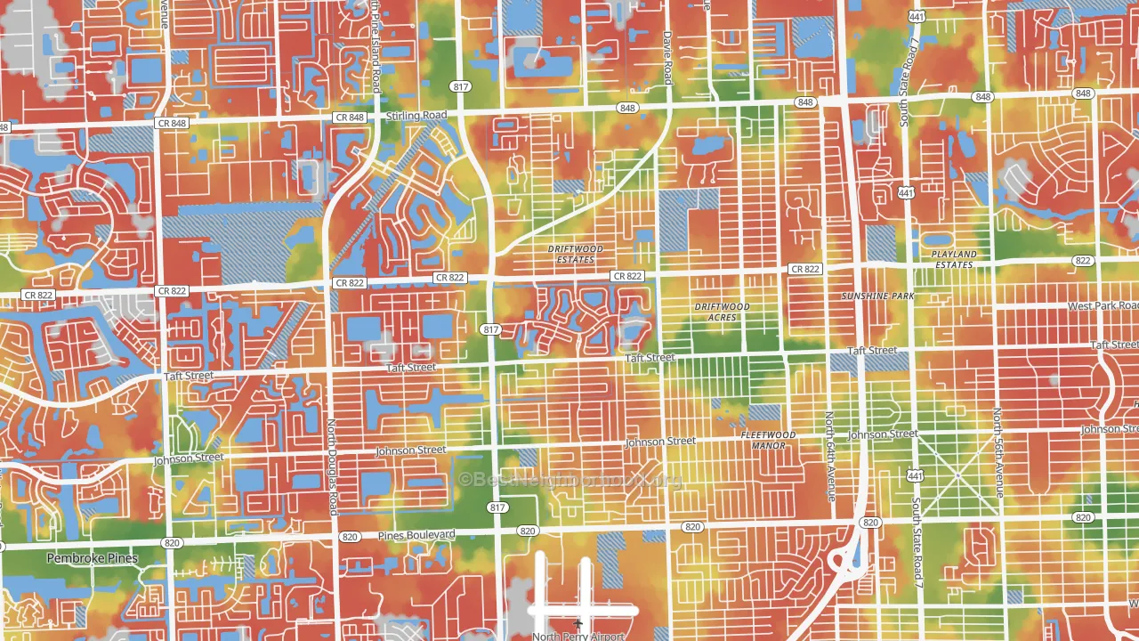 Walk Grade map of Walnut Creek, Pembroke Pines, FL, walkable areas in green and car-dependent areas in red