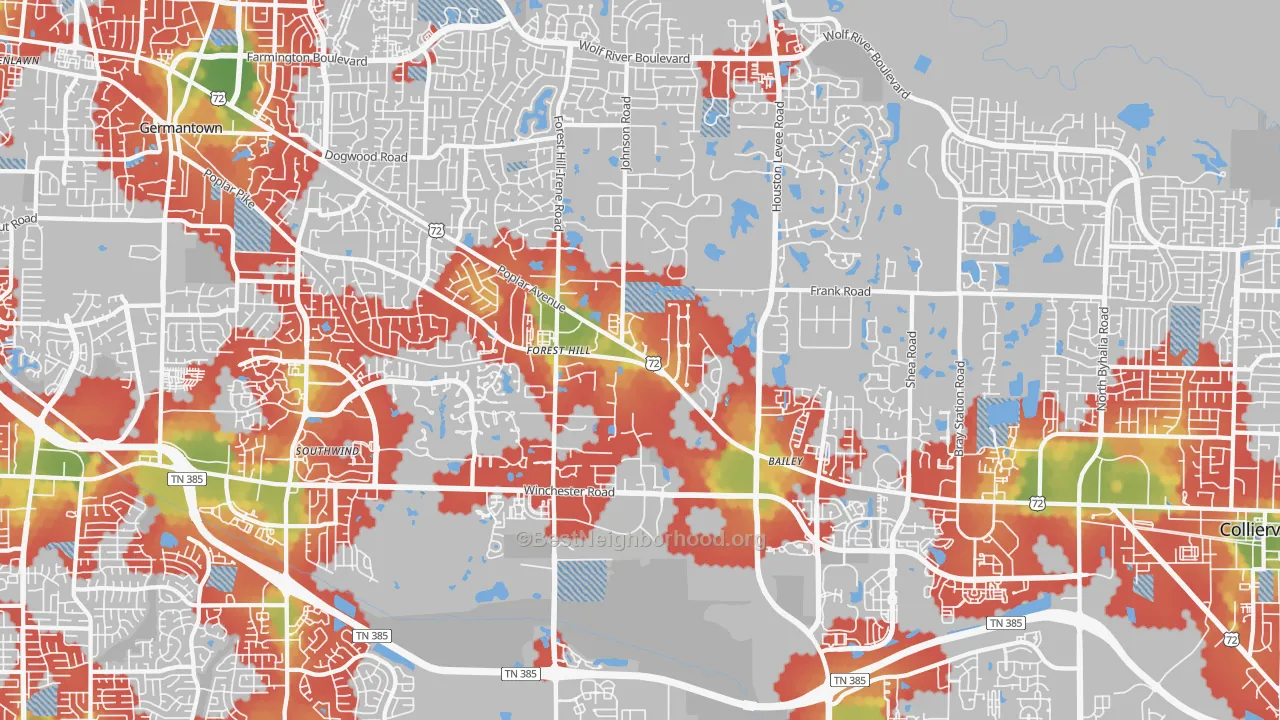 Walk Grade map of Walnut Grove - Shelby Farms PD, Germantown, TN, walkable areas in green and car-dependent areas in red