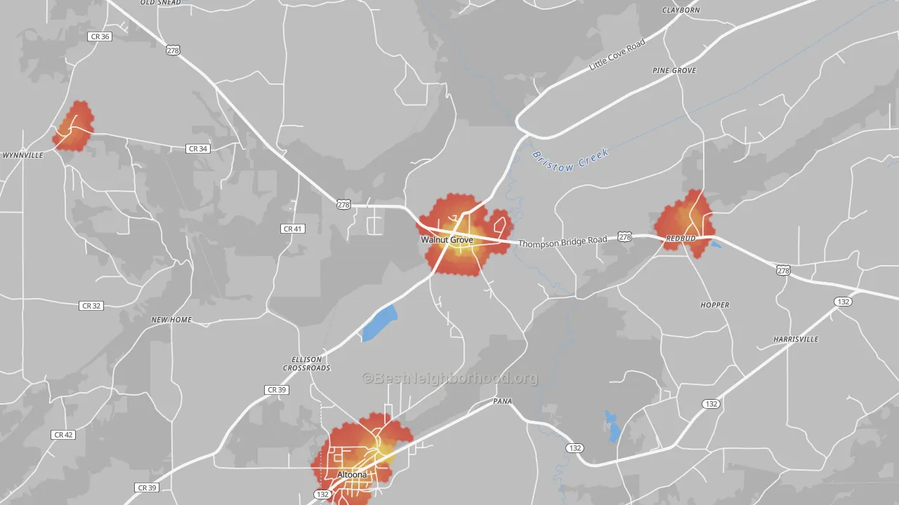 Walk Grade map of Walnut Grove, AL, walkable areas in green and car-dependent areas in red