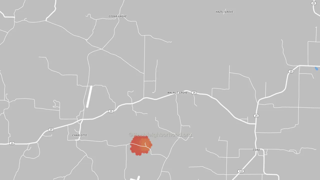 Walk Grade map of Walnut Grove, AR, walkable areas in green and car-dependent areas in red