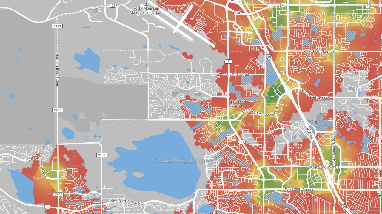 Walk Grade map of Walnut Grove, Broomfield, CO, walkable areas in green and car-dependent areas in red