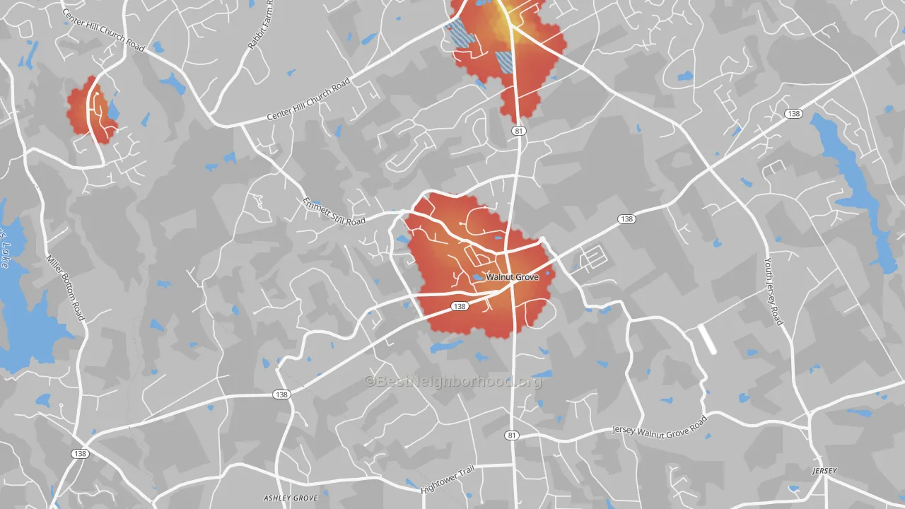 Walk Grade map of Walnut Grove, GA, walkable areas in green and car-dependent areas in red