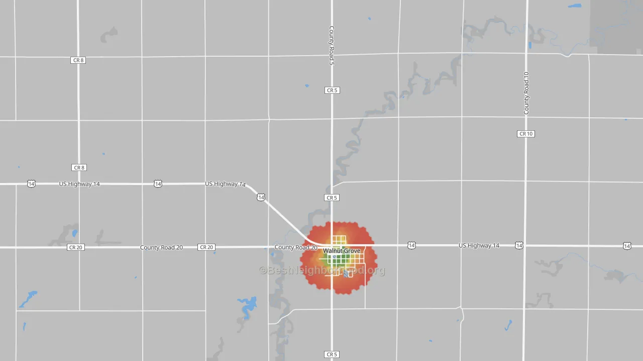 Walk Grade map of Walnut Grove, MN, walkable areas in green and car-dependent areas in red