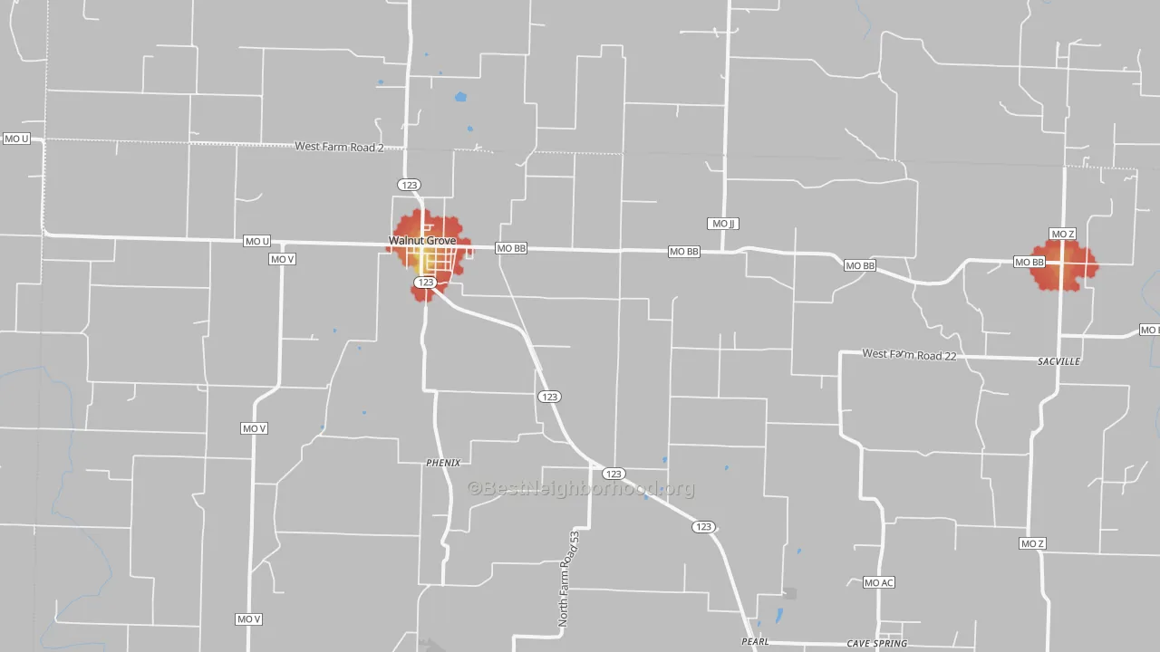 Walk Grade map of Walnut Grove, MO, walkable areas in green and car-dependent areas in red