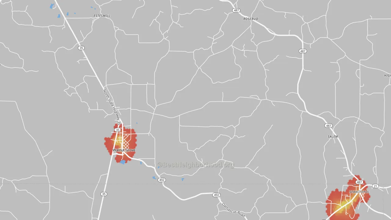 Walk Grade map of Walnut Grove, MS, walkable areas in green and car-dependent areas in red