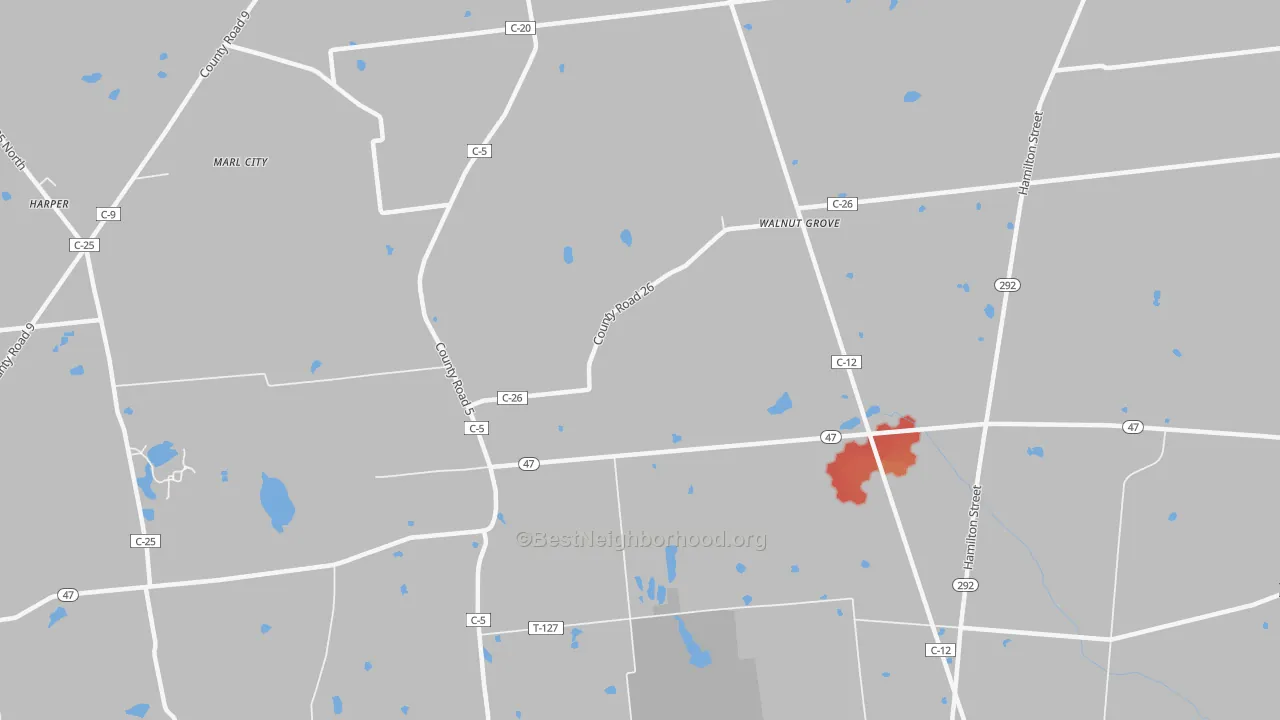 Walk Grade map of Walnut Grove, OH, walkable areas in green and car-dependent areas in red