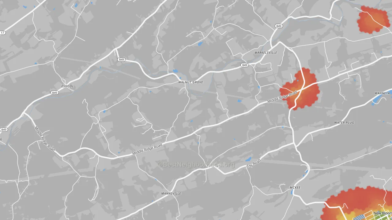 Walk Grade map of Walnut Grove, PA, walkable areas in green and car-dependent areas in red