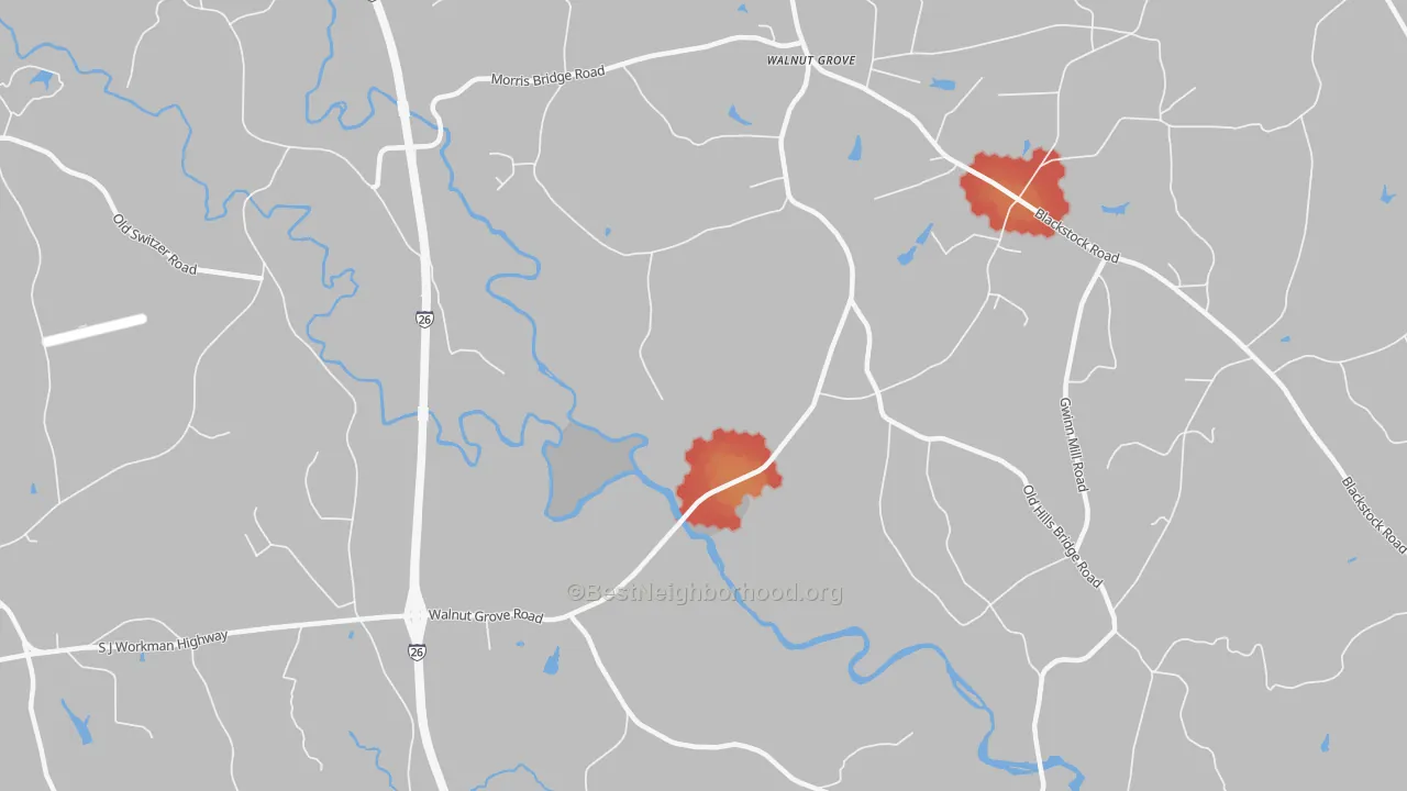 Walk Grade map of Walnut Grove, SC, walkable areas in green and car-dependent areas in red