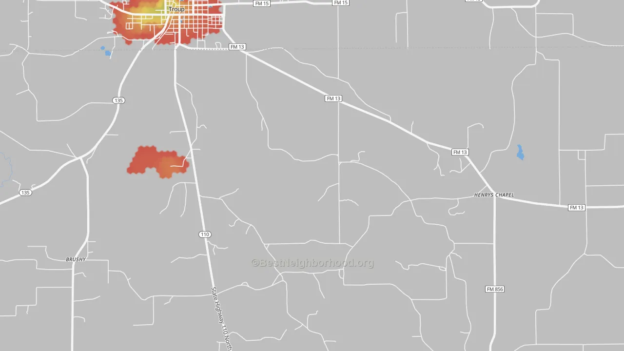 Walk Grade map of Walnut Grove, TX, walkable areas in green and car-dependent areas in red