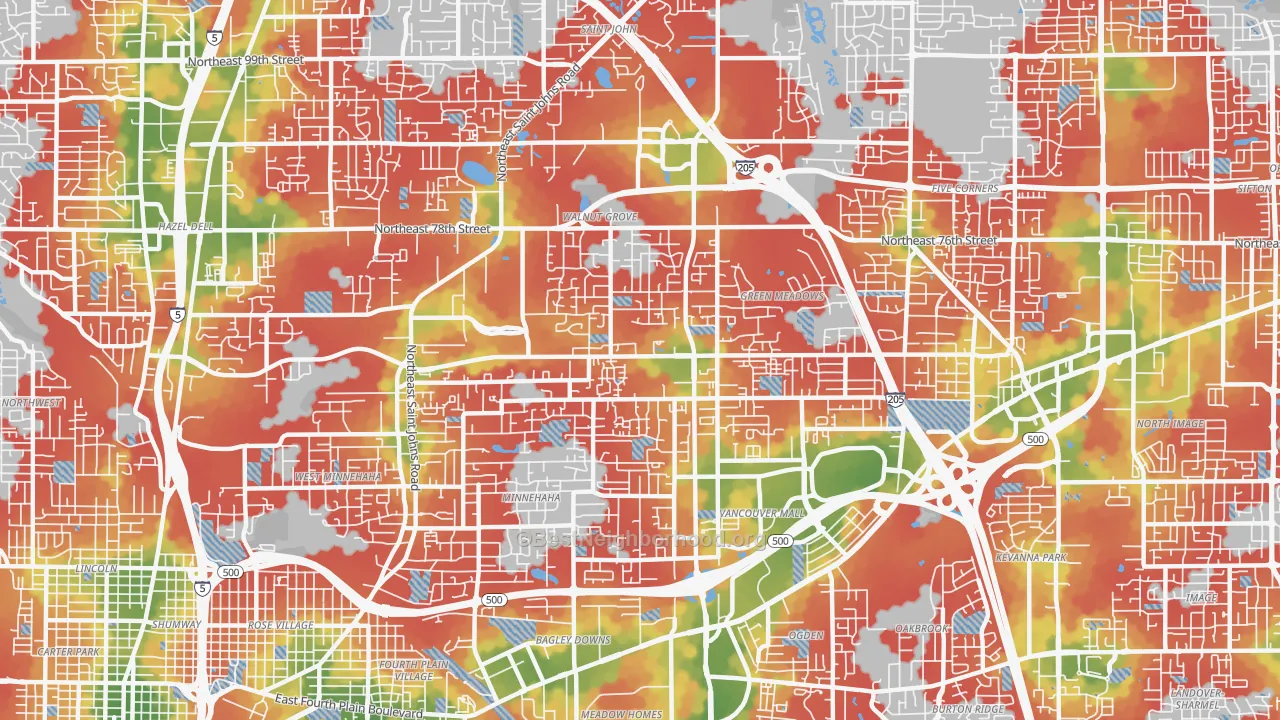 Walk Grade map of Walnut Grove, WA, walkable areas in green and car-dependent areas in red