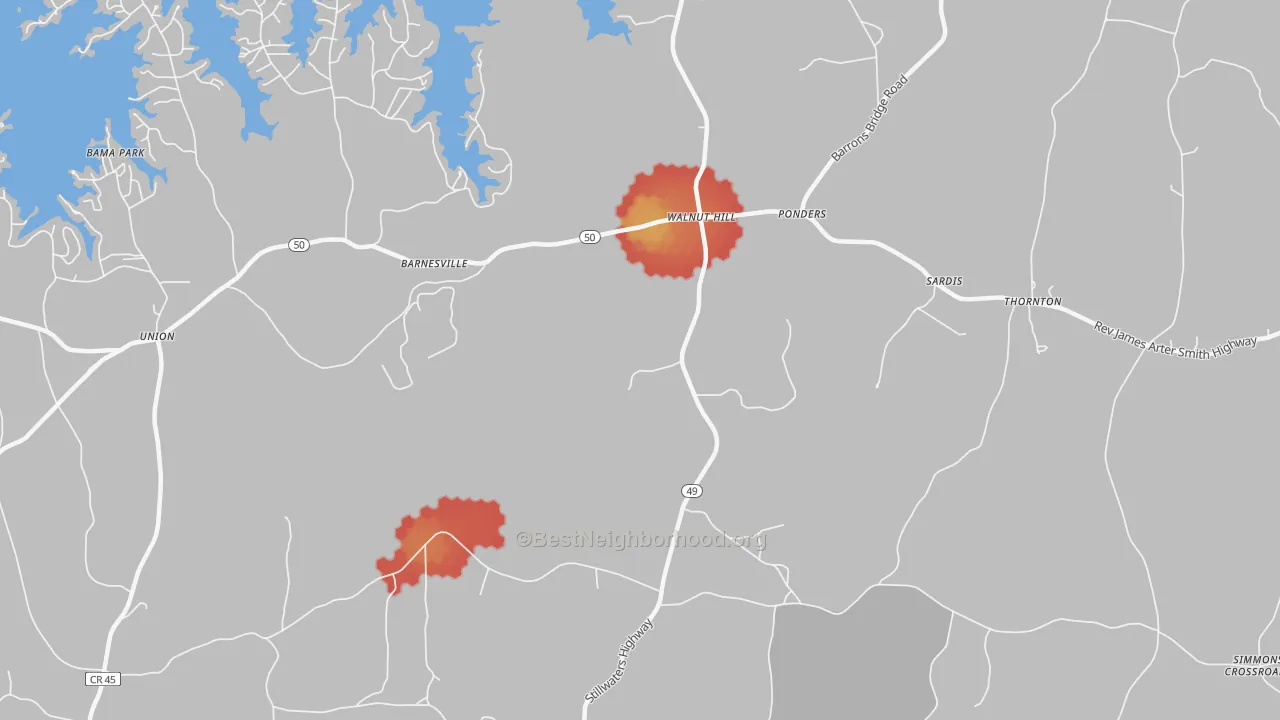 Walk Grade map of Walnut Hill, AL, walkable areas in green and car-dependent areas in red
