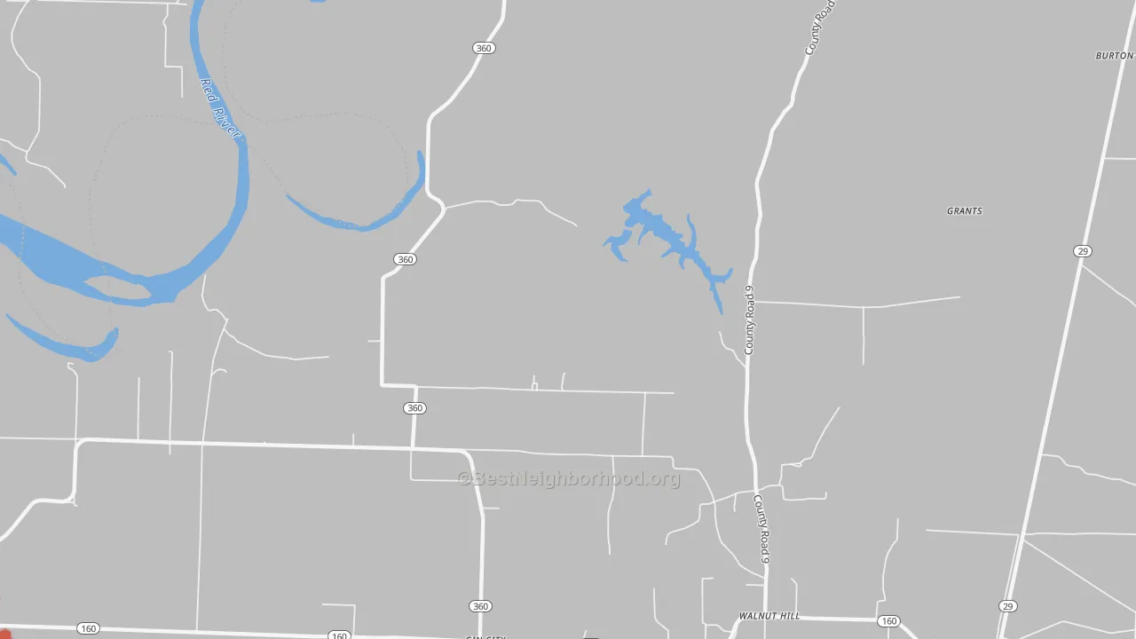 Walk Grade map of Walnut Hill, AR, walkable areas in green and car-dependent areas in red