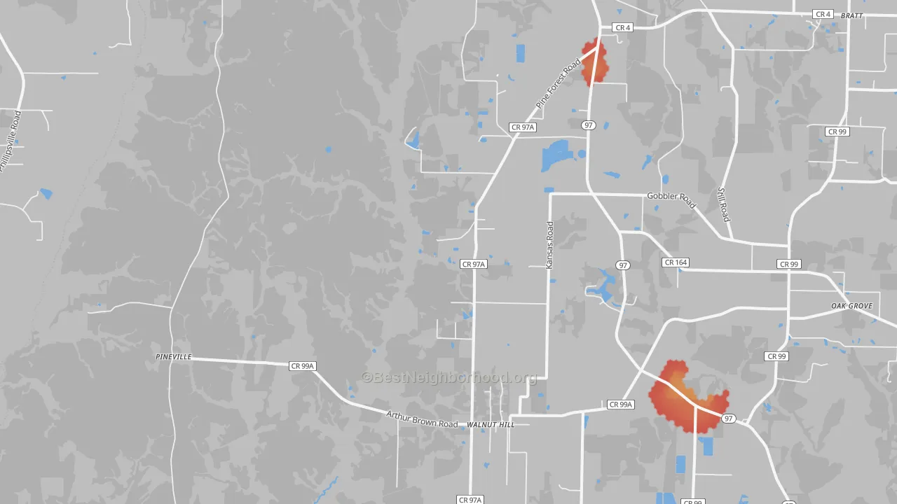 Walk Grade map of Walnut Hill, FL, walkable areas in green and car-dependent areas in red