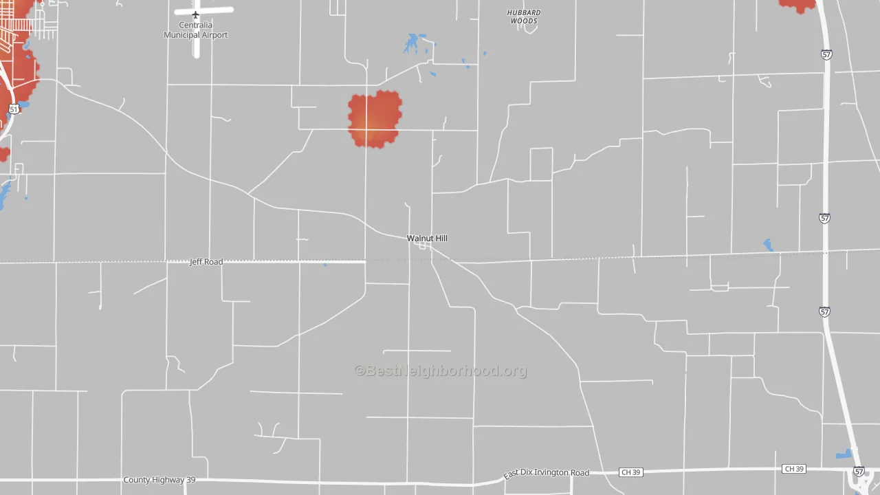 Walk Grade map of Walnut Hill, IL, walkable areas in green and car-dependent areas in red