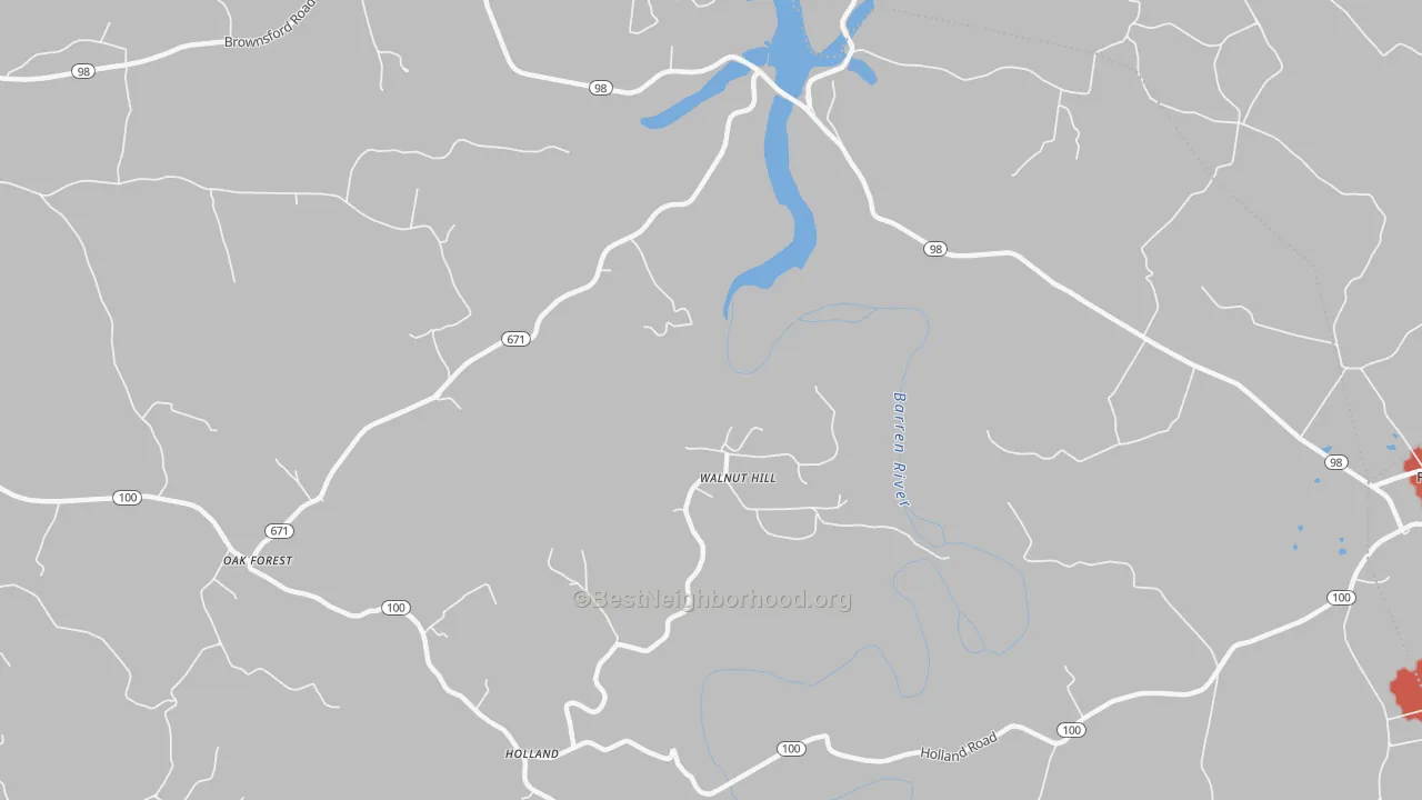 Walk Grade map of Walnut Hill, KY, walkable areas in green and car-dependent areas in red