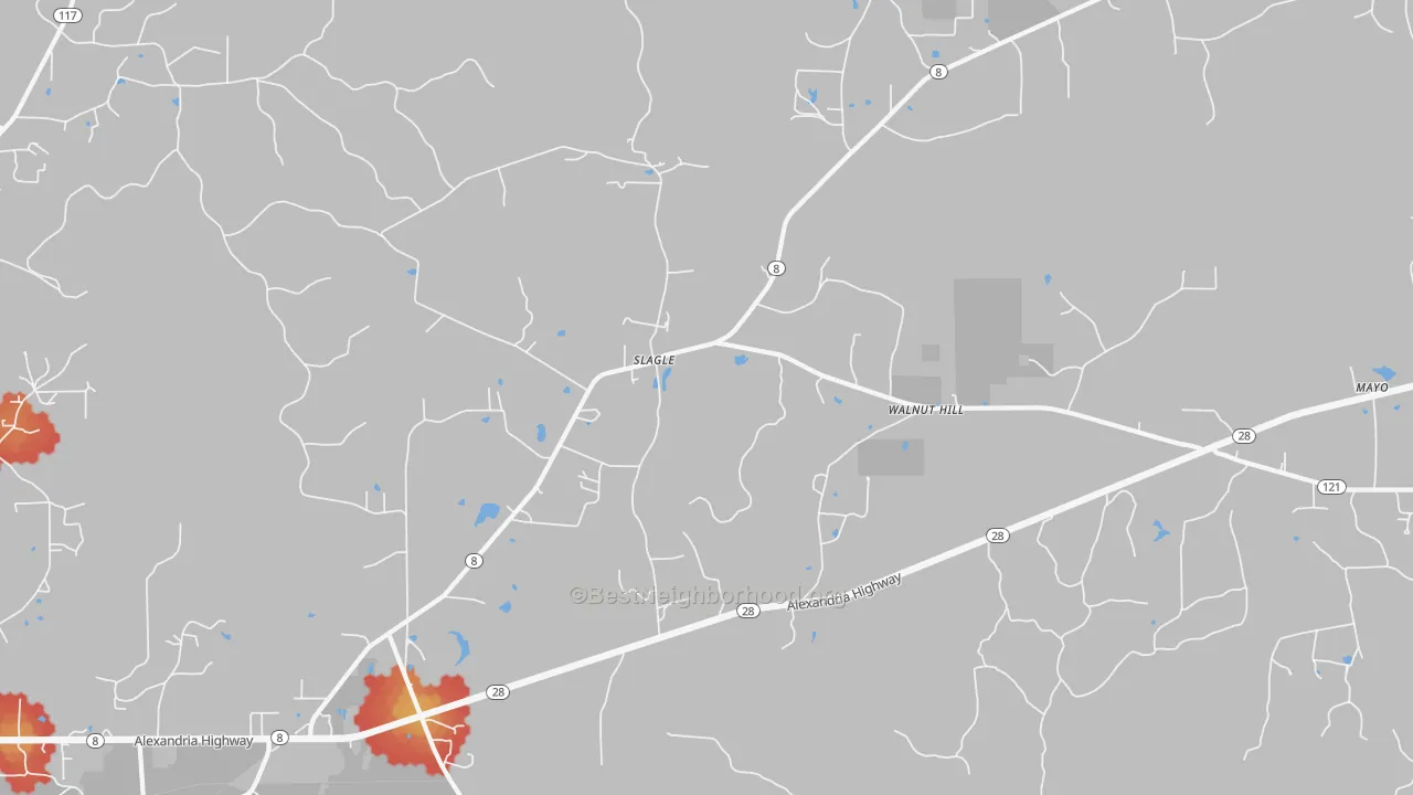 Walk Grade map of Walnut Hill, LA, walkable areas in green and car-dependent areas in red