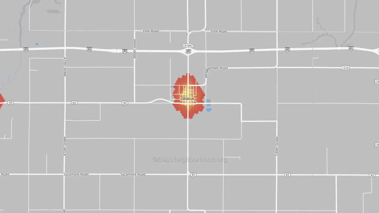 Walk Grade map of Walnut, IA, walkable areas in green and car-dependent areas in red