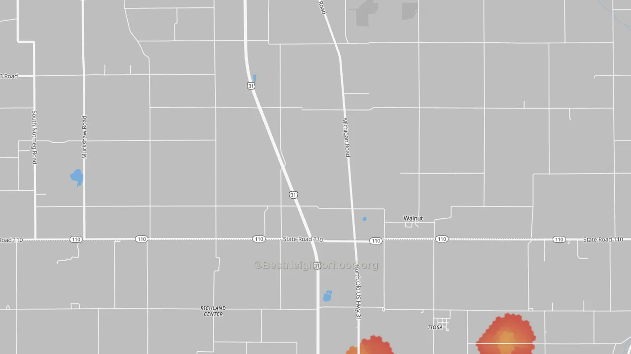Walk Grade map of Walnut, IN, walkable areas in green and car-dependent areas in red