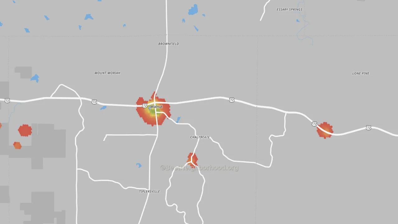 Walk Grade map of Walnut, MS, walkable areas in green and car-dependent areas in red