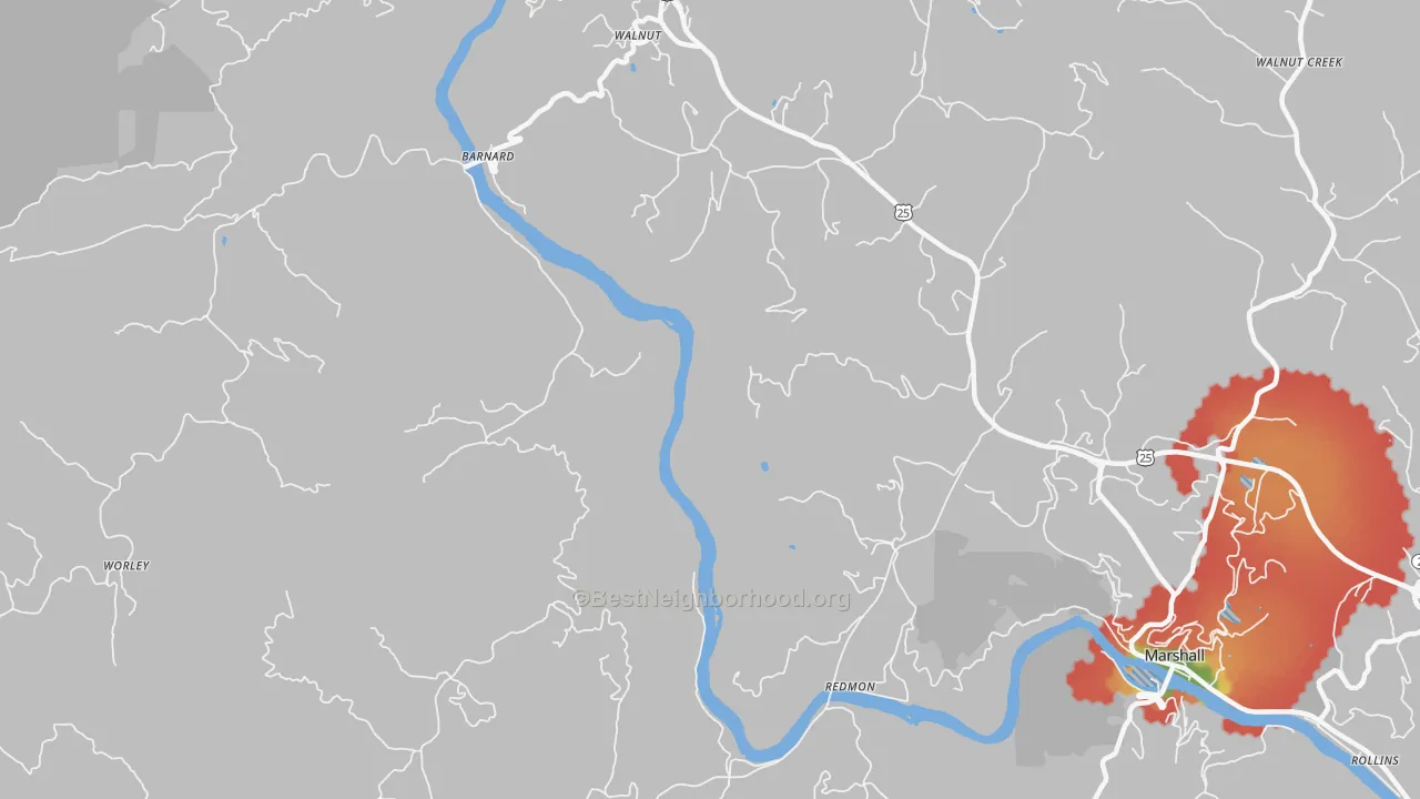 Walk Grade map of Walnut, NC, walkable areas in green and car-dependent areas in red