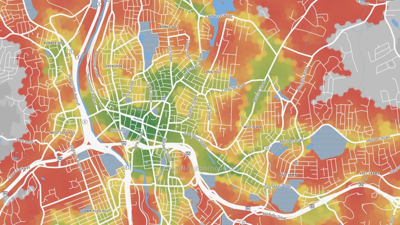 Walk Grade map of Walnut Orange Walsh, Waterbury, CT, walkable areas in green and car-dependent areas in red