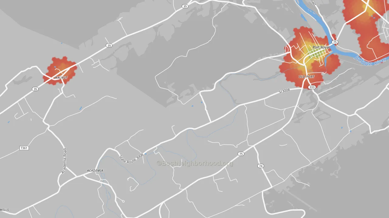 Walk Grade map of Walnut, PA, walkable areas in green and car-dependent areas in red