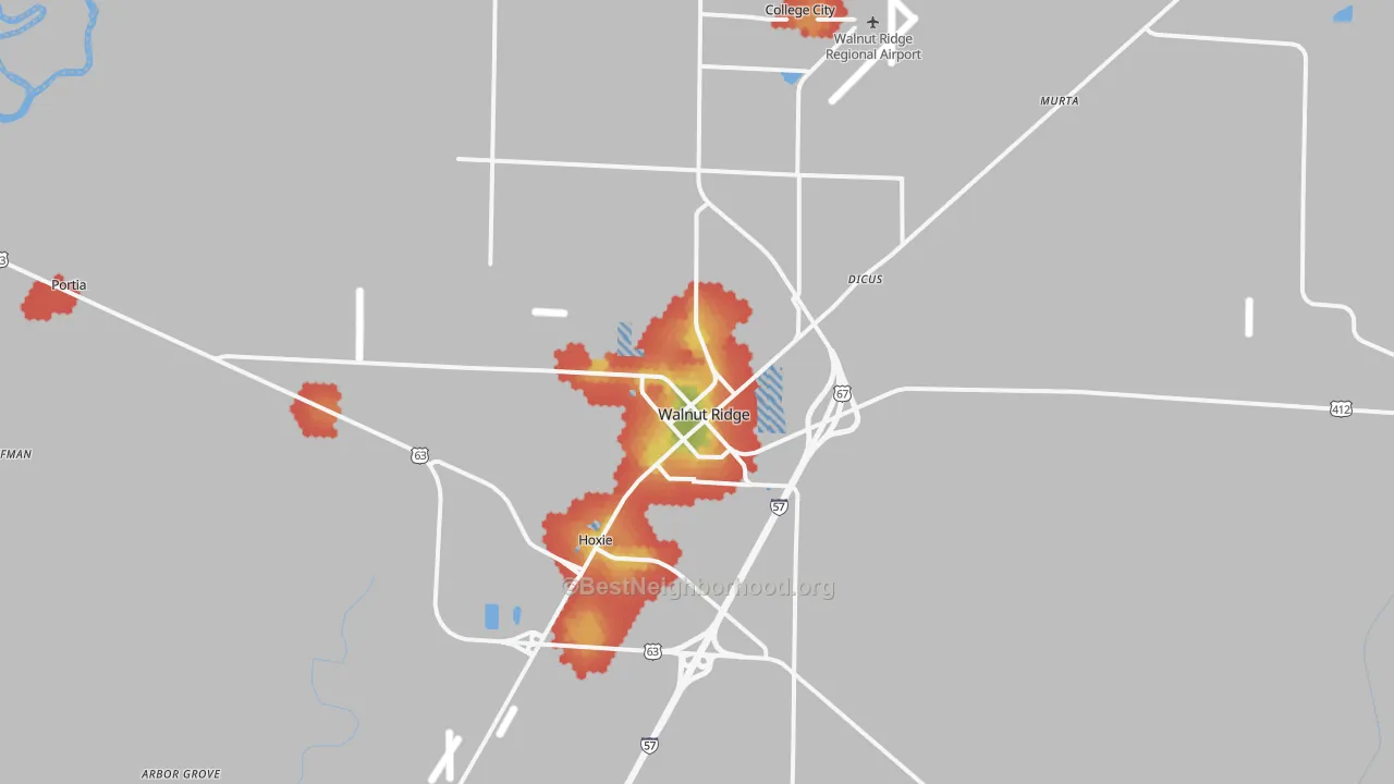 Walk Grade map of Walnut Ridge, AR, walkable areas in green and car-dependent areas in red