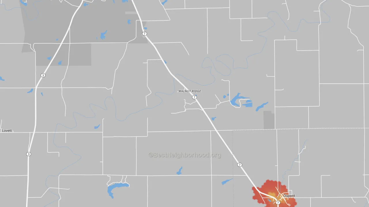 Walk Grade map of Walnut Ridge, IN, walkable areas in green and car-dependent areas in red
