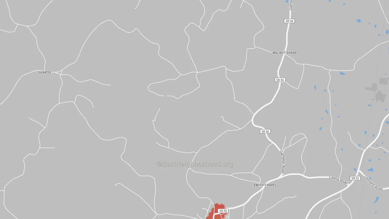 Walk Grade map of Walnut Shade, TN, walkable areas in green and car-dependent areas in red