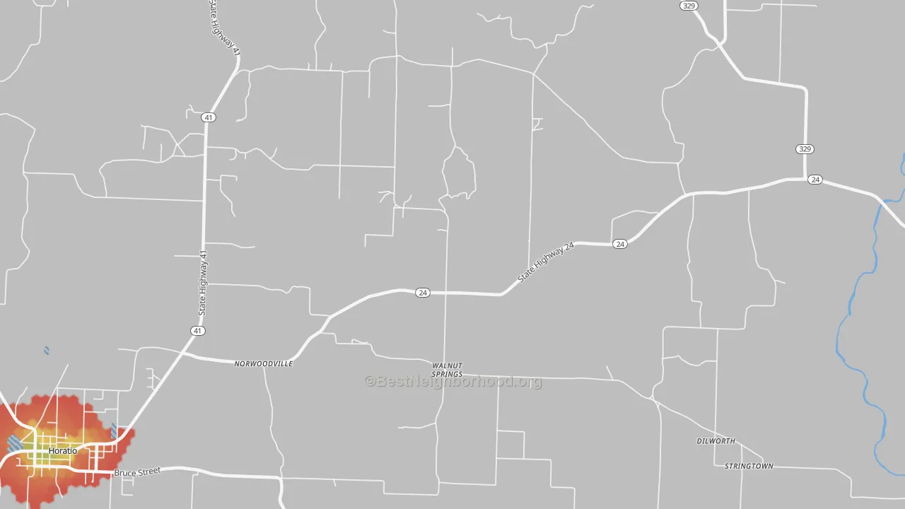 Walk Grade map of Walnut Springs, AR, walkable areas in green and car-dependent areas in red