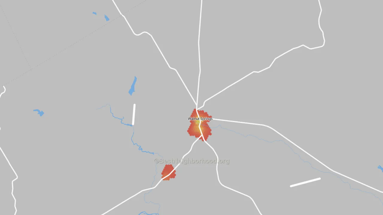 Walk Grade map of Walnut Springs, TX, walkable areas in green and car-dependent areas in red