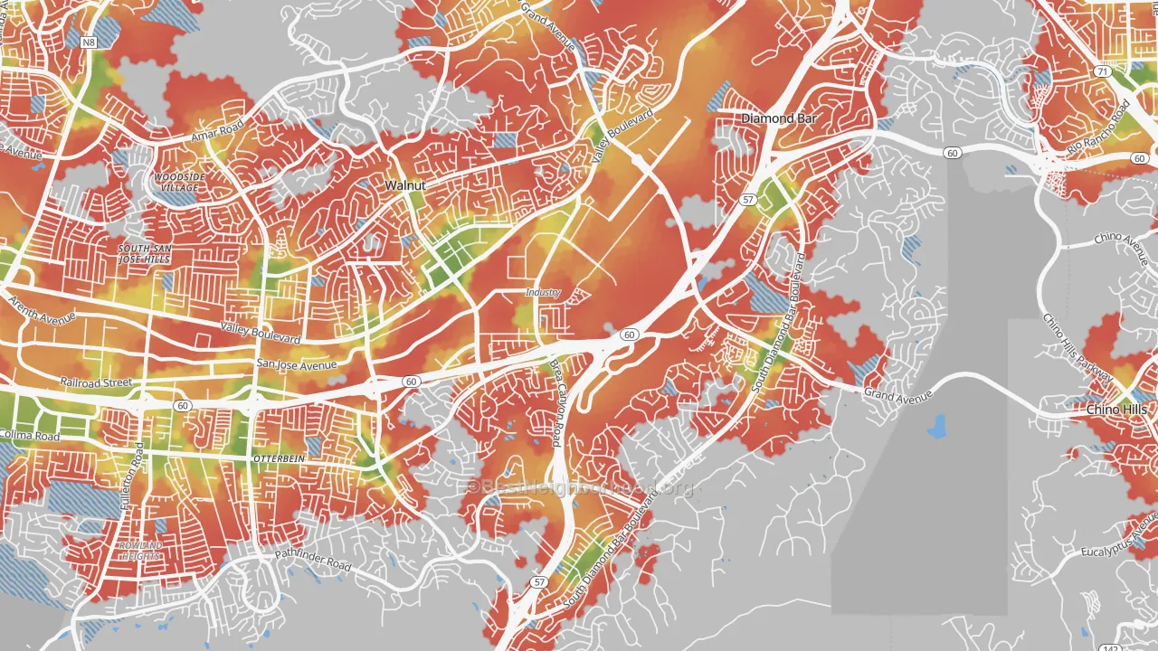 Walk Grade map of Walnut Valley, Diamond Bar, CA, walkable areas in green and car-dependent areas in red