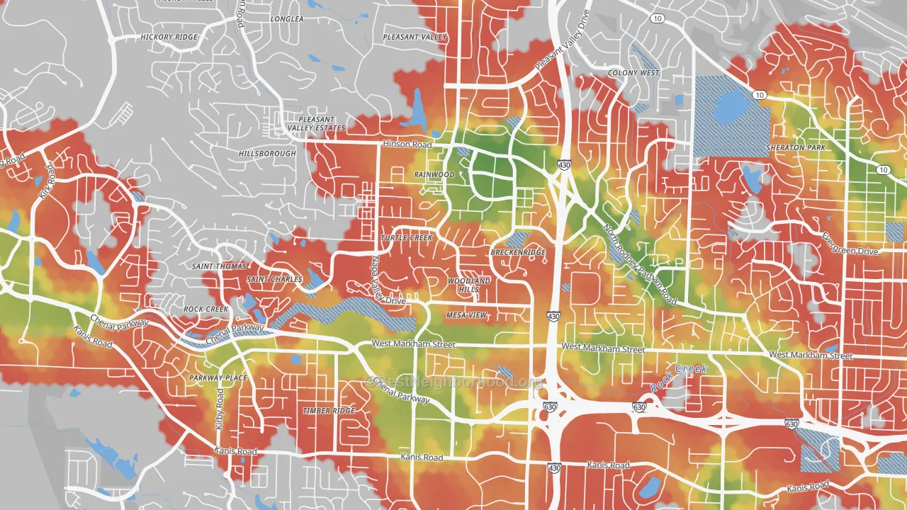 Walk Grade map of Walnut Valley, Little Rock, AR, walkable areas in green and car-dependent areas in red