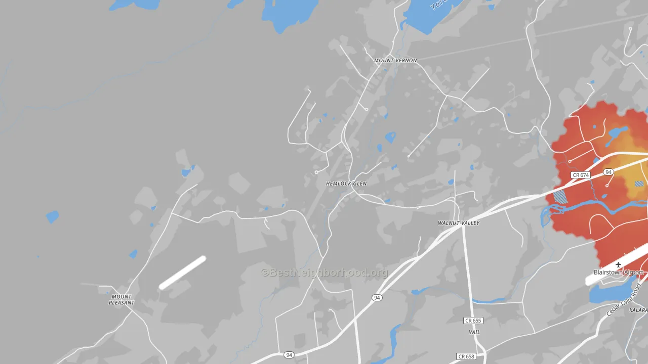 Walk Grade map of Walnut Valley, NJ, walkable areas in green and car-dependent areas in red