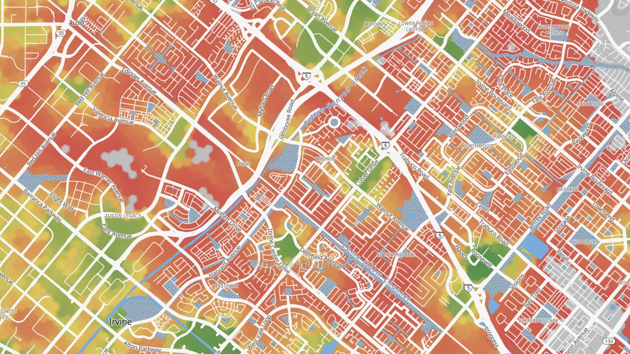 Walk Grade map of Walnut Village, Irvine, CA, walkable areas in green and car-dependent areas in red