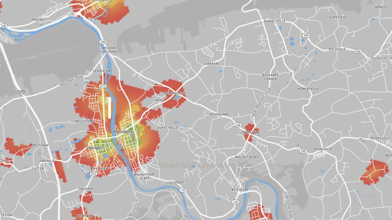Walk Grade map of Walnutport, PA, walkable areas in green and car-dependent areas in red