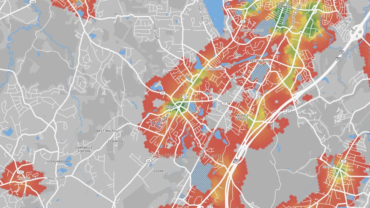 Walk Grade map of Walpole, MA, walkable areas in green and car-dependent areas in red