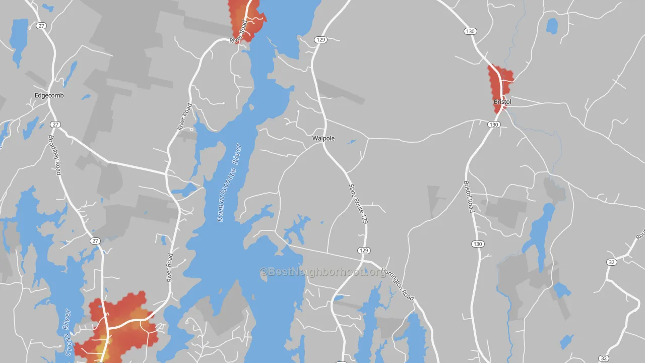 Walk Grade map of Walpole, ME, walkable areas in green and car-dependent areas in red