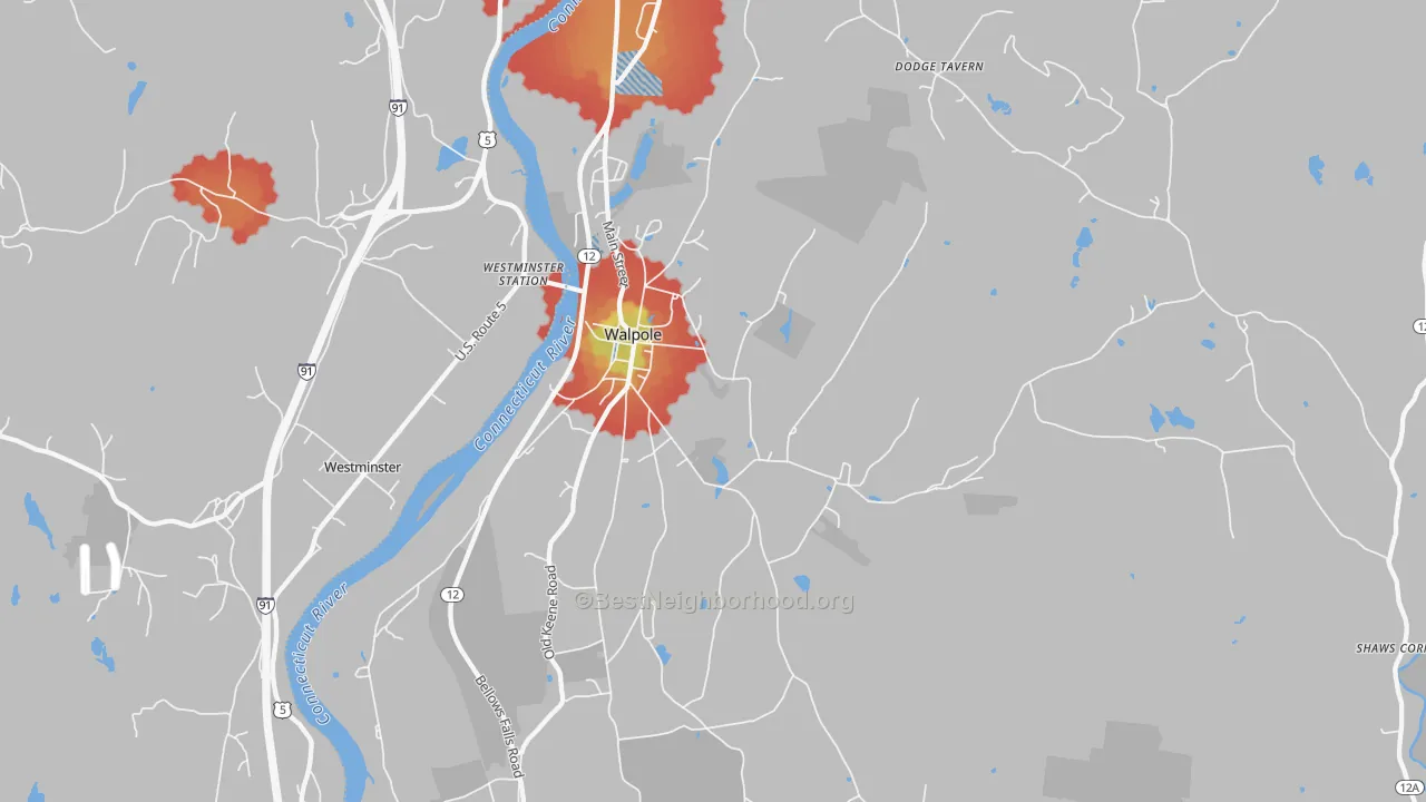 Walk Grade map of Walpole, NH, walkable areas in green and car-dependent areas in red